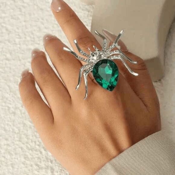 SILVER EMERALD CRYSTAL DIAMOND SPIDER RING - Picture 1 of 3